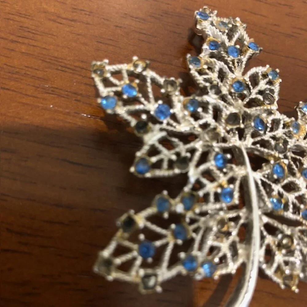 Silver Tone Blue Rhinestone Oversized Leaf Brooch Pin